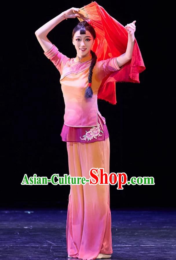 Classical Dance Performance Costume Women Gradient Color Fan Dance Wear Chinese Yangge Dance Clothing