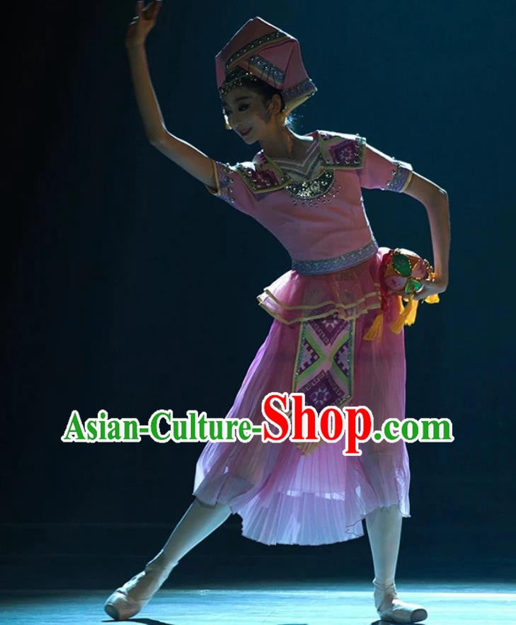 Hydrangea Dance Performance Costume Miao Ethnic Clothing Chinese Minority Costume Solo Dance Pink Dress