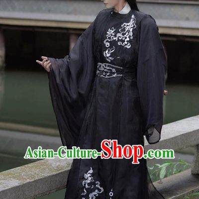 Ancient Chinese Swordsman Embroidered Round Collar Robe Black Large Sleeve Robe Mens Hanfu Clothing