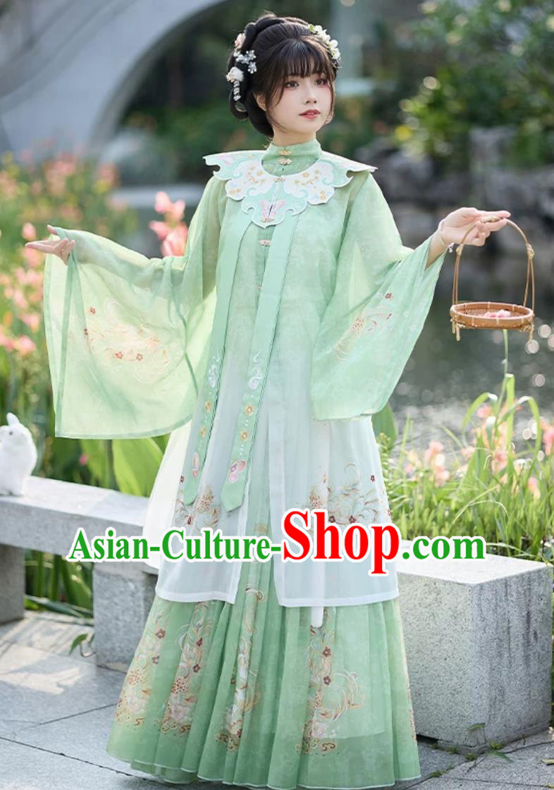 Women Green Hanfu Ming Dynasty Embroidered Yunjian Long Jacket High Waist Ruqun Complete Set