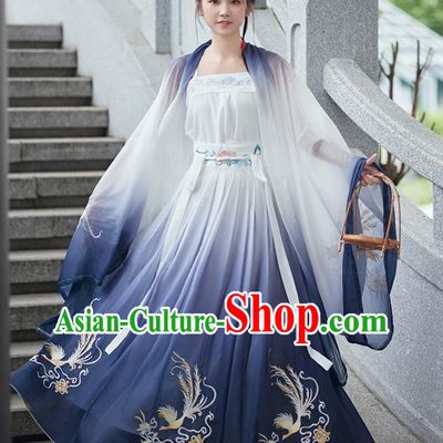 Traditional Chinese Hanfu Song Dynasty Women Gradient Blue Embroidered Large Sleeve Cape Camisole and High Waist Pleated Skirt