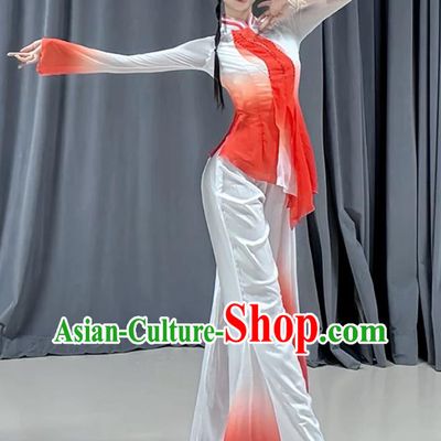 Jiaozhou Yangge Costume Women White Red Gradient Classical Dance Dress Group Fan Dance Performance Outfit