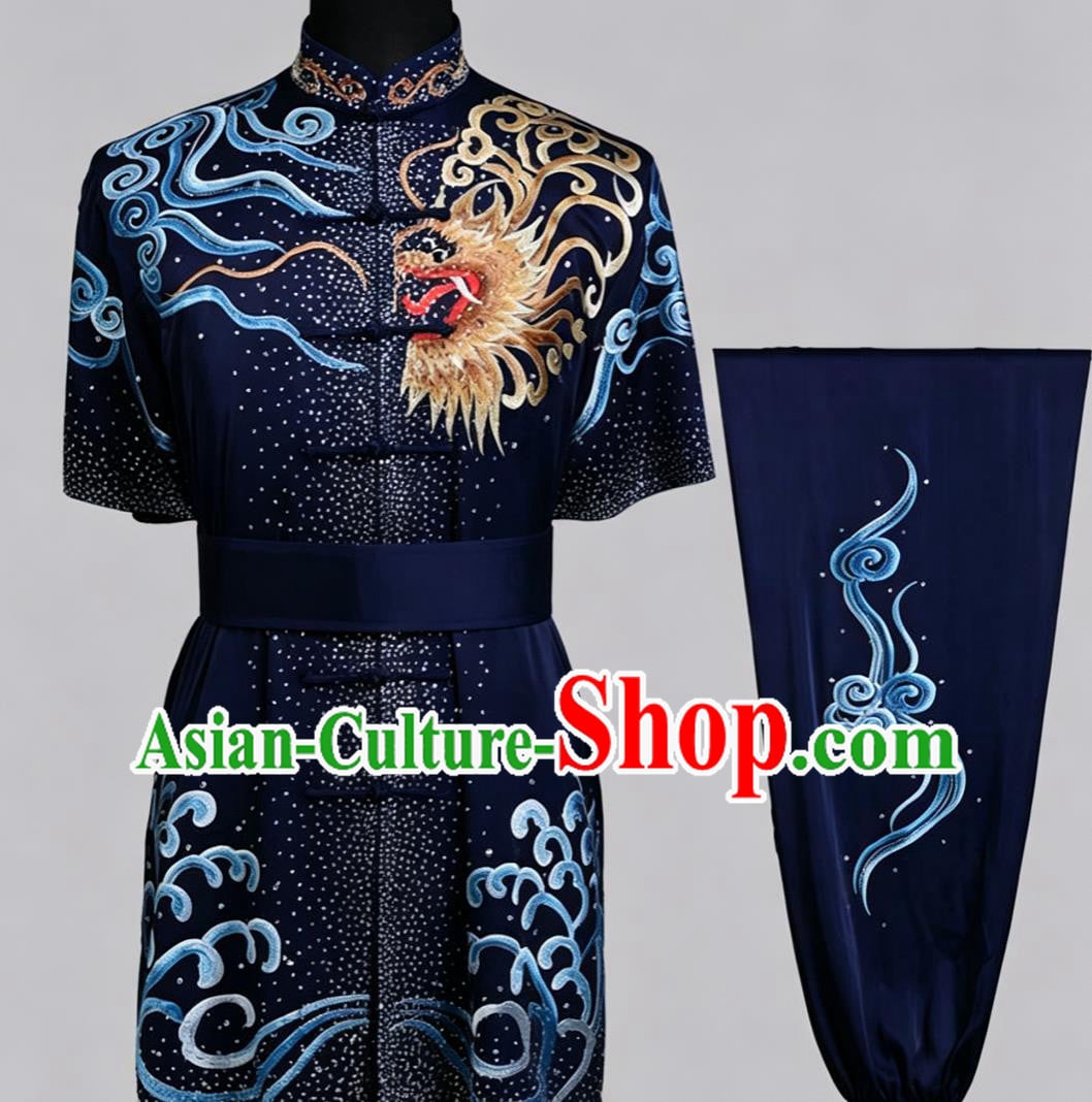 Embroidered Dragon Wushu Clothing Professional Changquan Performance Suit Kung Fu Competition Dark Blue Uniform
