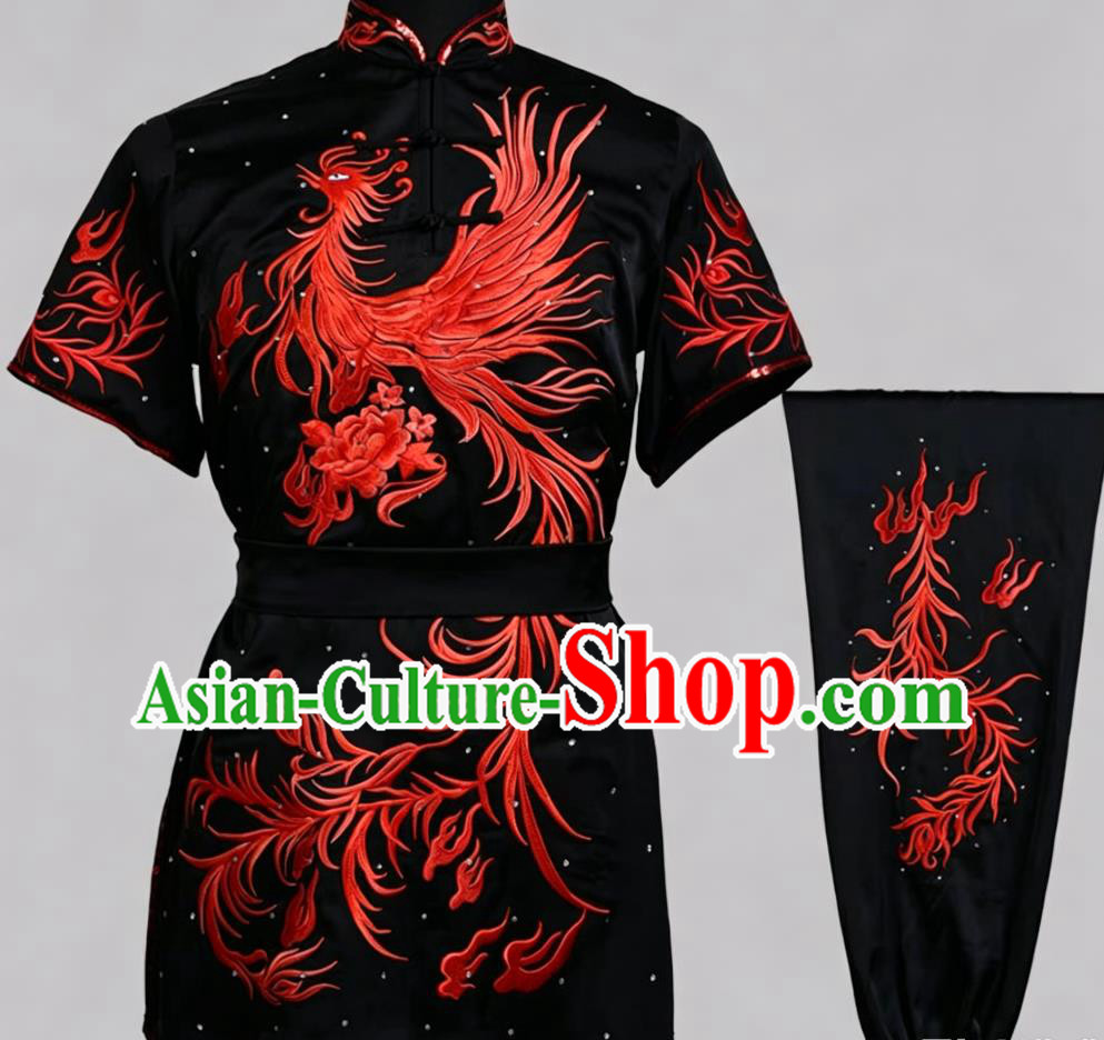 Red Phoenix Embroidery Rhinestone Kung Fu Performance Costume Martial Arts Changquan Uniform Wushu Clothing