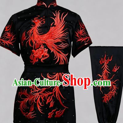 Red Phoenix Embroidery Rhinestone Kung Fu Performance Costume Martial Arts Changquan Uniform Wushu Clothing