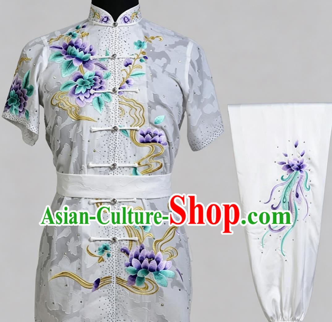 White Embroidered Martial Arts Changquan Outfit Kung Fu Performance Uniform Wushu Competition Costume