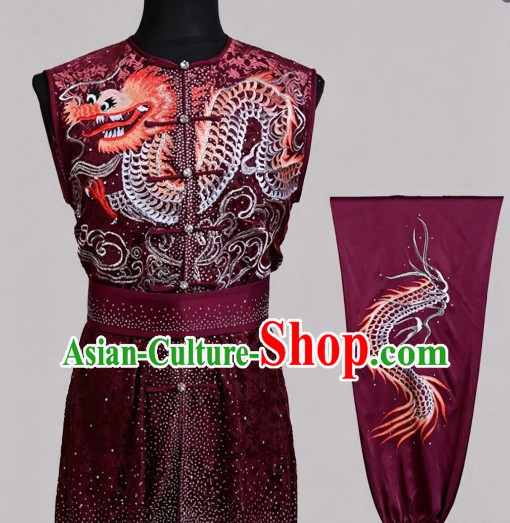 Velvet Embroidered Rhinestone Wushu Clothing Nanquan Performance Suit Kung Fu Competition Dark Red Uniform