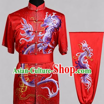 Kung Fu Competition Red Uniform Embroidered Rhinestone Wushu Clothing Changquan Performance Suit