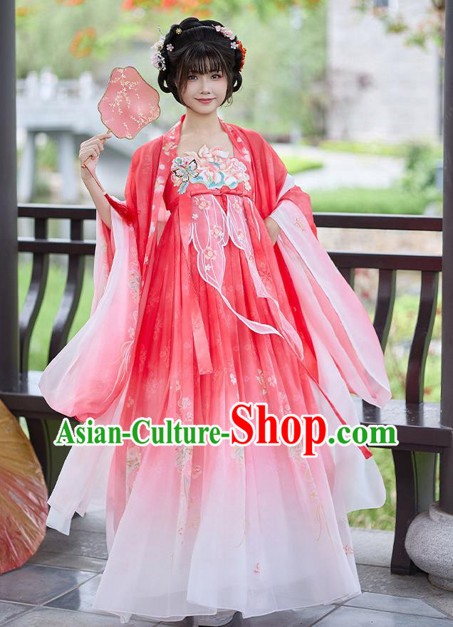 Tang Dynasty Hanfu Women Red Hezi Dress Oversized Embroidered Chinese Spring Costume