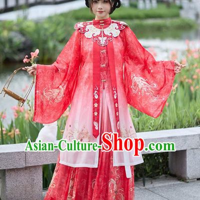 Ming Dynasty Hanfu Women Cloud Shoulder Long Jacket Stand Collar Embroidered Waist High Skirt Red Set