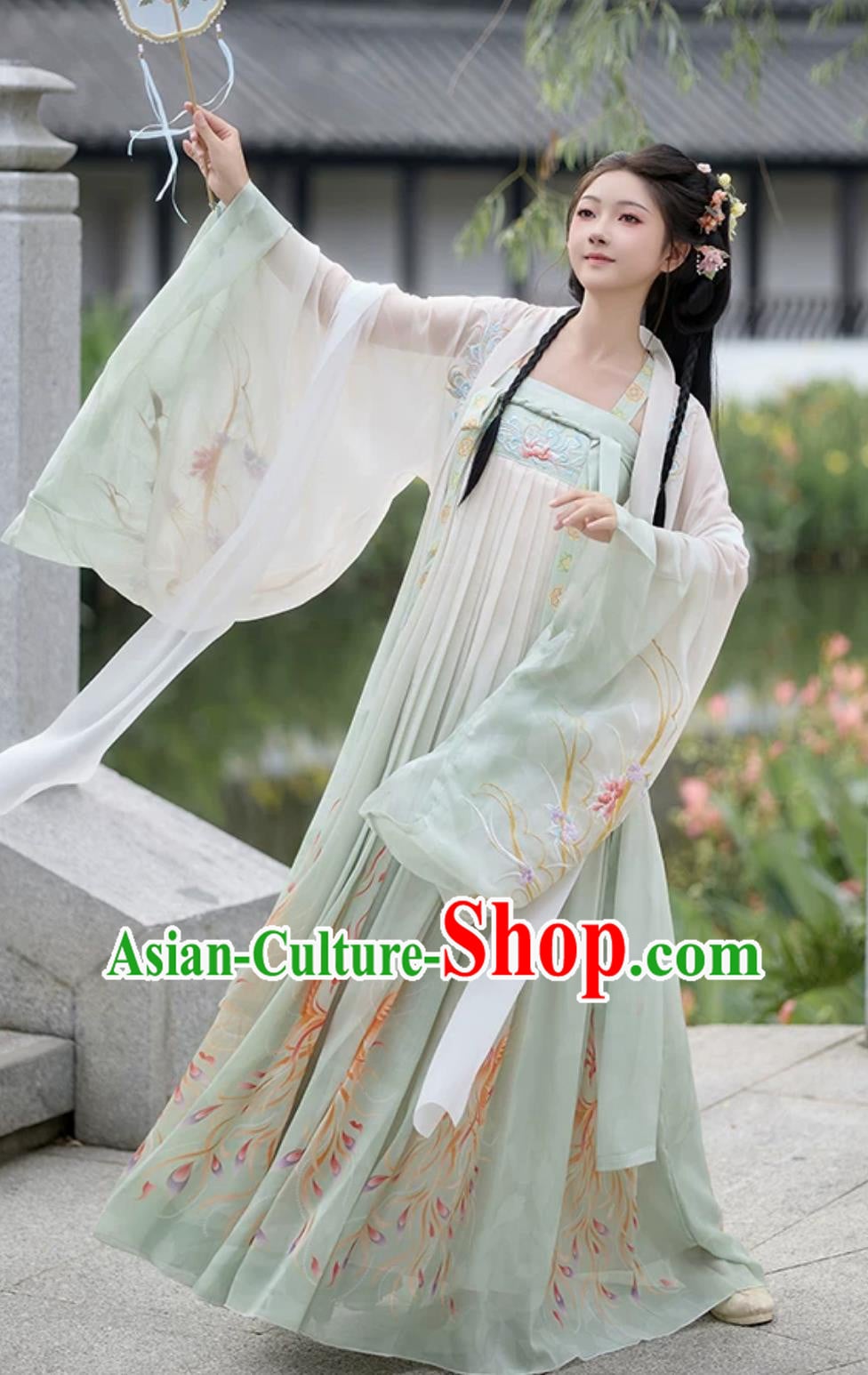 Tang Dynasty Hanfu Gradient Green Embroidered Chest High Oversized Sleeve Summer Dress