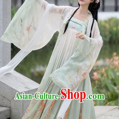 Tang Dynasty Hanfu Gradient Green Embroidered Chest High Oversized Sleeve Summer Dress