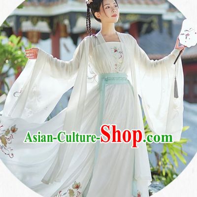 Tang Dynasty White Hanfu Women Embroidery Waist High Cross Collar Ru Skirt Chinese Daily Wear Set