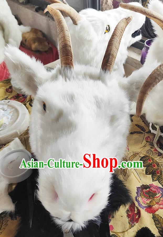 Realistic White Goat Head Headgear Animal Head Mask Plush 3D Performance Prop