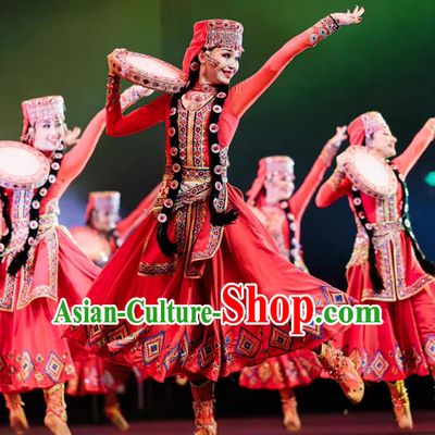 Lotus Award Tajik Pamir Drum Sound Dance Performance Costume Red Big Swing Dance Dress