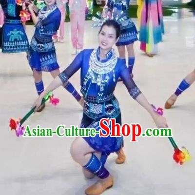 Li Minority Dance Costume Chinese Ethnic Women Blue Dress