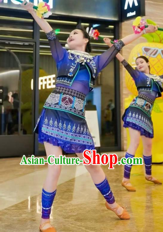 Li Minority Dance Costume Chinese Ethnic Women Blue Dress