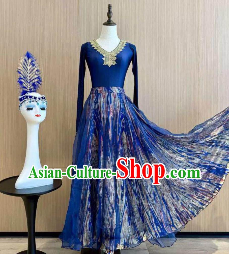 Xinjiang Uyghur Stage Performance Costume Woman Solo Dance Ethnic Blue Dress