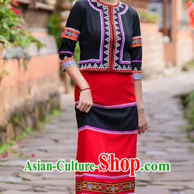 Lahu Ethnic Women Clothing Vintage Black Daily Set Red Trim Chinese Minority Casual Outfit