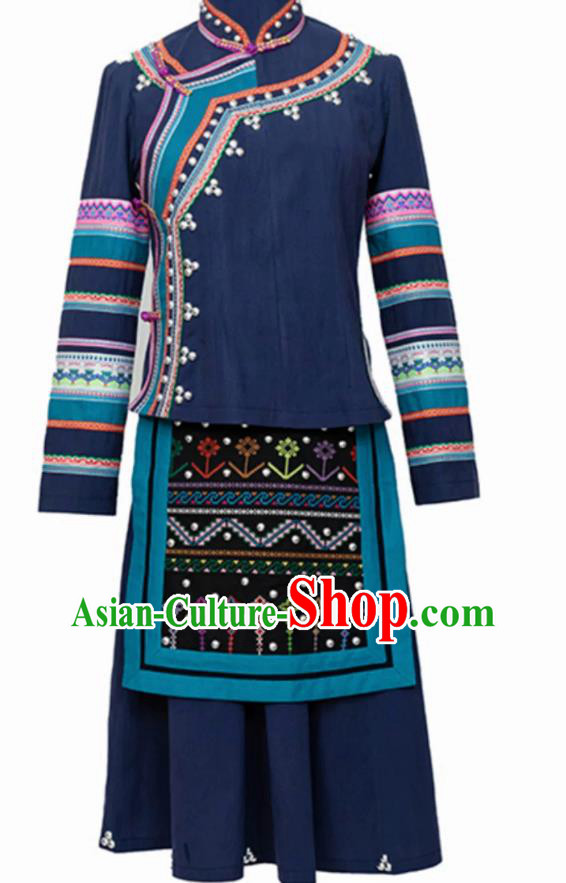 Custom Yunnan Hani Ethnic Women Clothing Traditional Navy Embroidered Outfit and Hat Custom Yunnan Hani Ethnic Women Clothing Traditional Navy Embroidered Outfit and Hat