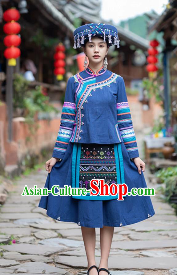 Custom Yunnan Hani Ethnic Women Clothing Traditional Navy Embroidered Outfit and Hat Custom Yunnan Hani Ethnic Women Clothing Traditional Navy Embroidered Outfit and Hat