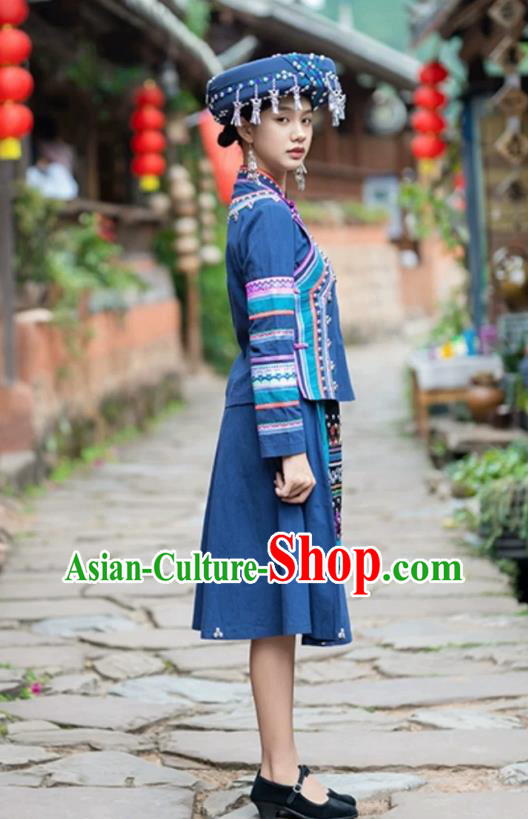 Custom Yunnan Hani Ethnic Women Clothing Traditional Navy Embroidered Outfit and Hat Custom Yunnan Hani Ethnic Women Clothing Traditional Navy Embroidered Outfit and Hat