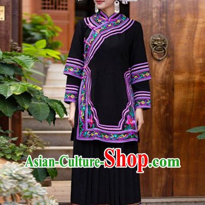 Yi Ethnic Vintage Costume Pure Linen Mid Length Black Minority Heavy Embroidered Daily Life Set for Women