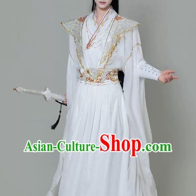 Mens White Hanfu Cloud Shoulder Martial Arts Flowing Sleeve Costume Traditional Chinese Clothing
