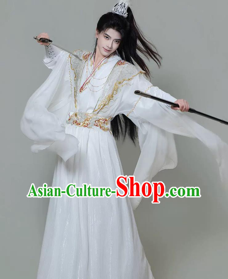 Mens White Hanfu Cloud Shoulder Martial Arts Flowing Sleeve Costume Traditional Chinese Clothing
