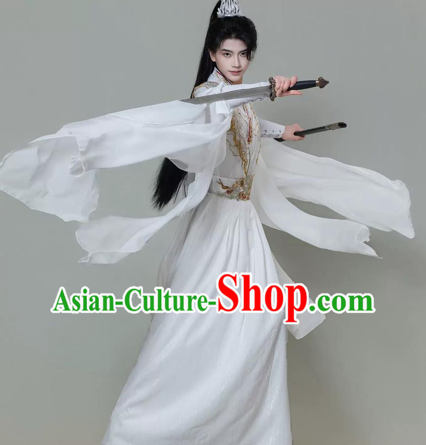 Mens White Hanfu Cloud Shoulder Martial Arts Flowing Sleeve Costume Traditional Chinese Clothing
