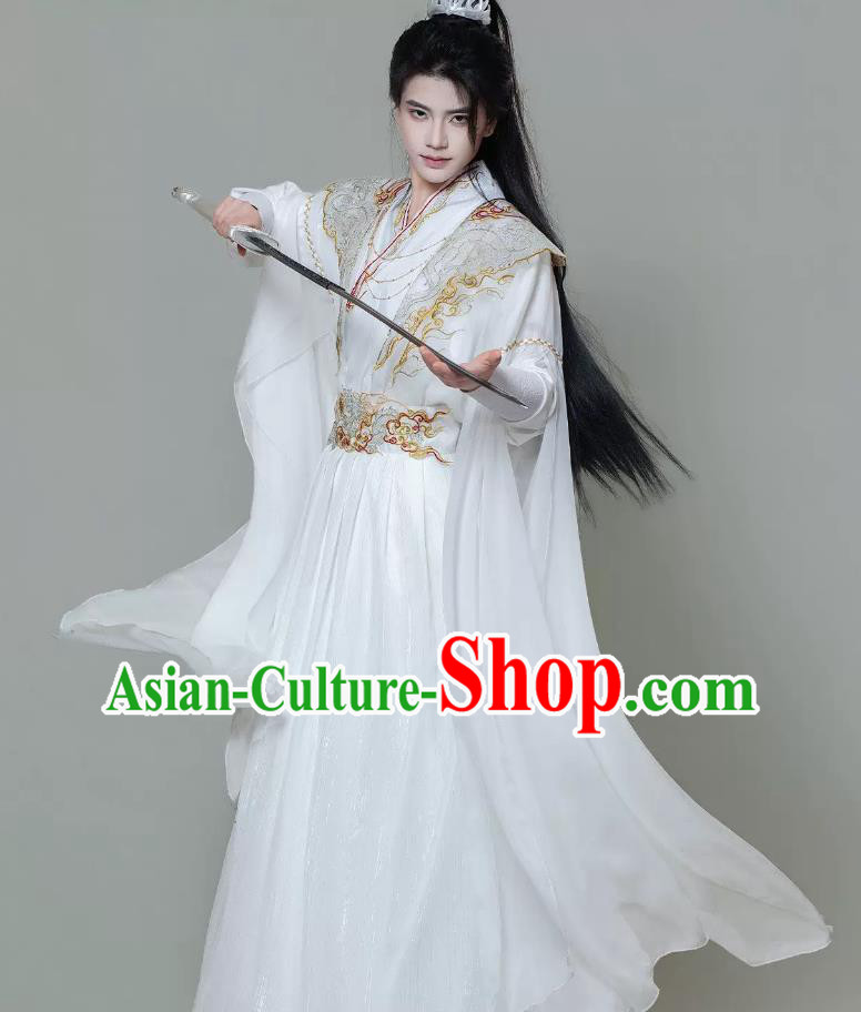 Mens White Hanfu Cloud Shoulder Martial Arts Flowing Sleeve Costume Traditional Chinese Clothing