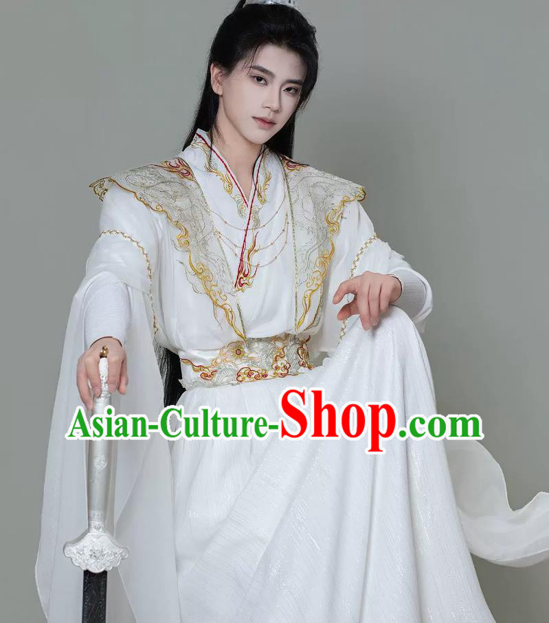 Mens White Hanfu Cloud Shoulder Martial Arts Flowing Sleeve Costume Traditional Chinese Clothing
