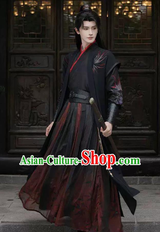 Ancient Martial Arts Swordsman Hanfu Embroidered Black Red Clothing Traditional Chinese Costume