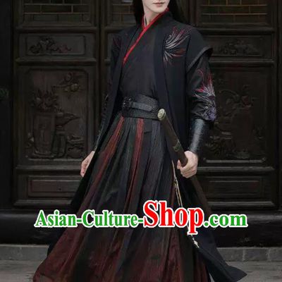 Ancient Martial Arts Swordsman Hanfu Embroidered Black Red Clothing Traditional Chinese Costume
