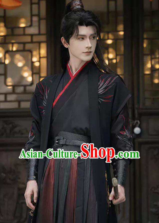 Ancient Martial Arts Swordsman Hanfu Embroidered Black Red Clothing Traditional Chinese Costume Ancient Martial Arts Swordsman Hanfu Embroidered Black Red Clothing Traditional Chinese Costume
