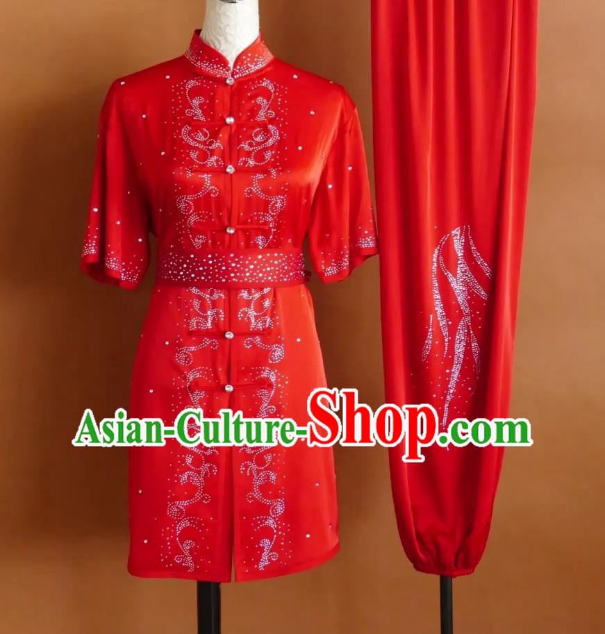 Red Hot Fix Rhinestone Martial Arts Uniform Short Sleeve Changquan Suit Wushu Competition Performance Costume