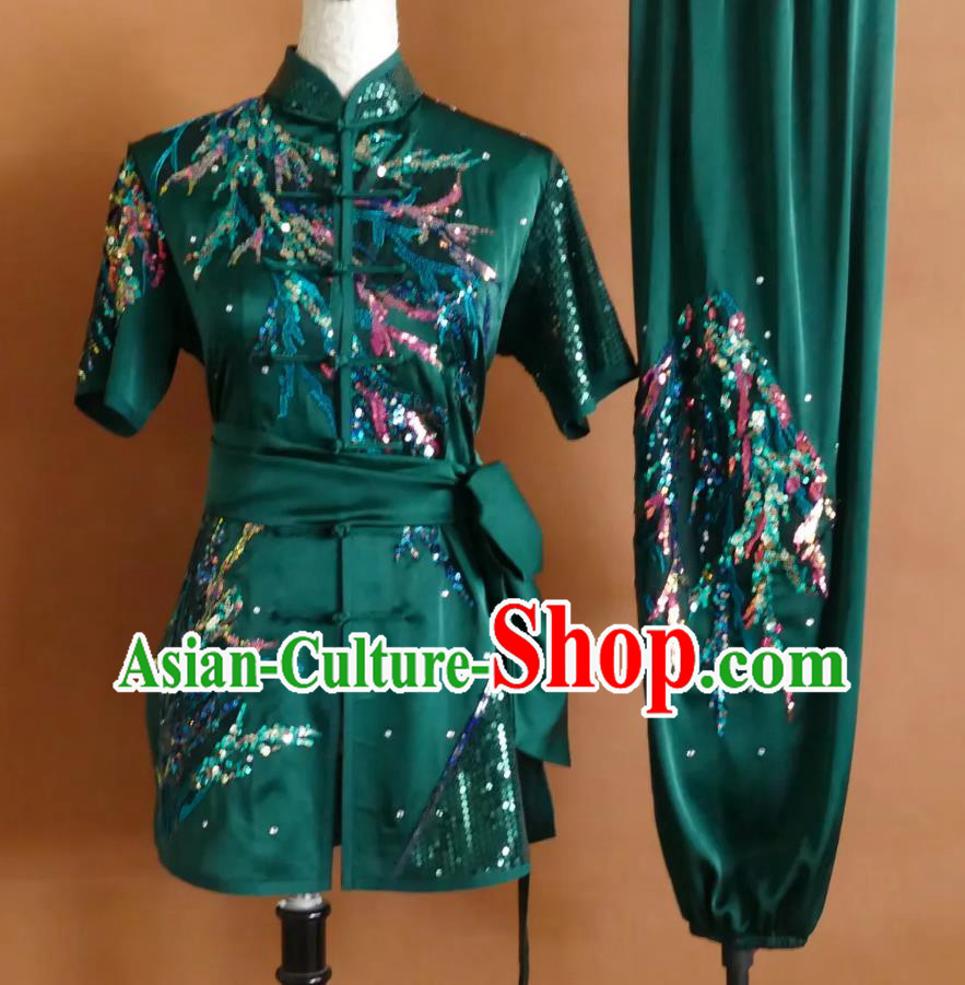 Dark Green Gauze Patch Sequins Embroidery Martial Arts Uniform Professional Wushu Competition Suit Changquan Performance Costume