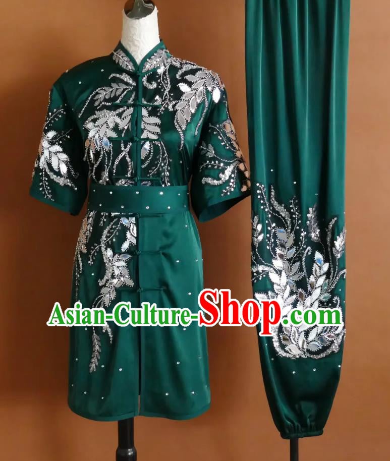 Sequins Gauze Patch Martial Arts Uniform Embroidery Dark Green Changquan Suit Wushu Competition Performance Costume