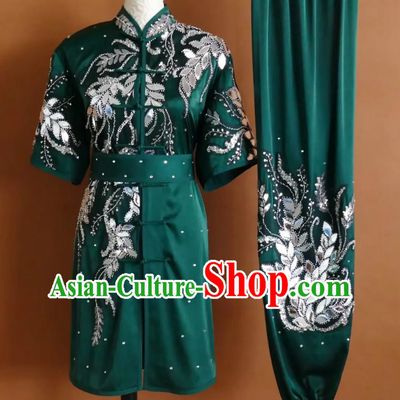 Sequins Gauze Patch Martial Arts Uniform Embroidery Dark Green Changquan Suit Wushu Competition Performance Costume