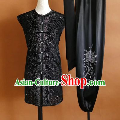 Diamond Martial Arts Black Uniform Men Sleeveless Nanquan Suit Professional Wushu Competition Costume