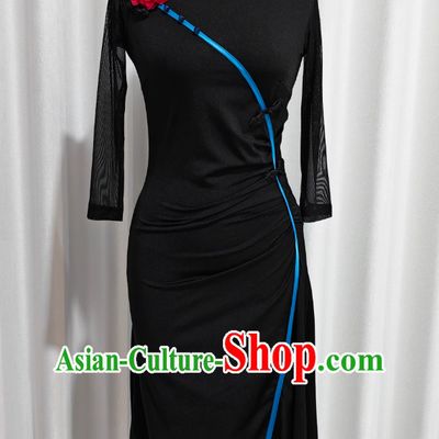 Black Rose Dance Cheongsam Chinese Classical Stand Collar Qipao Classical Dance Costume