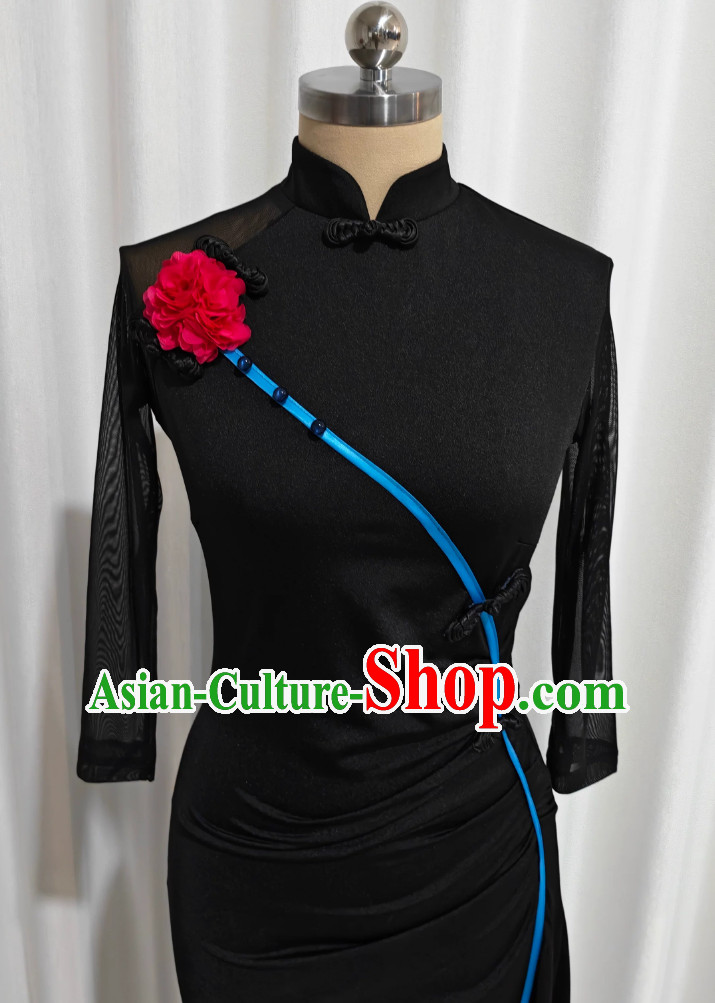 Black Rose Dance Cheongsam Chinese Classical Stand Collar Qipao Classical Dance Costume Black Rose Dance Cheongsam Chinese Classical Stand Collar Qipao Classical Dance Costume