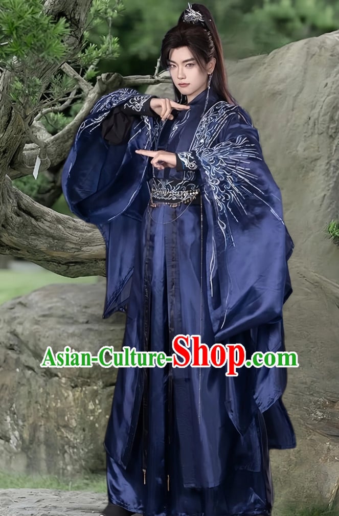Wei Jin Style Hanfu Traditional Chinese Embroidered Blue Outfit Ancient Prince Costume