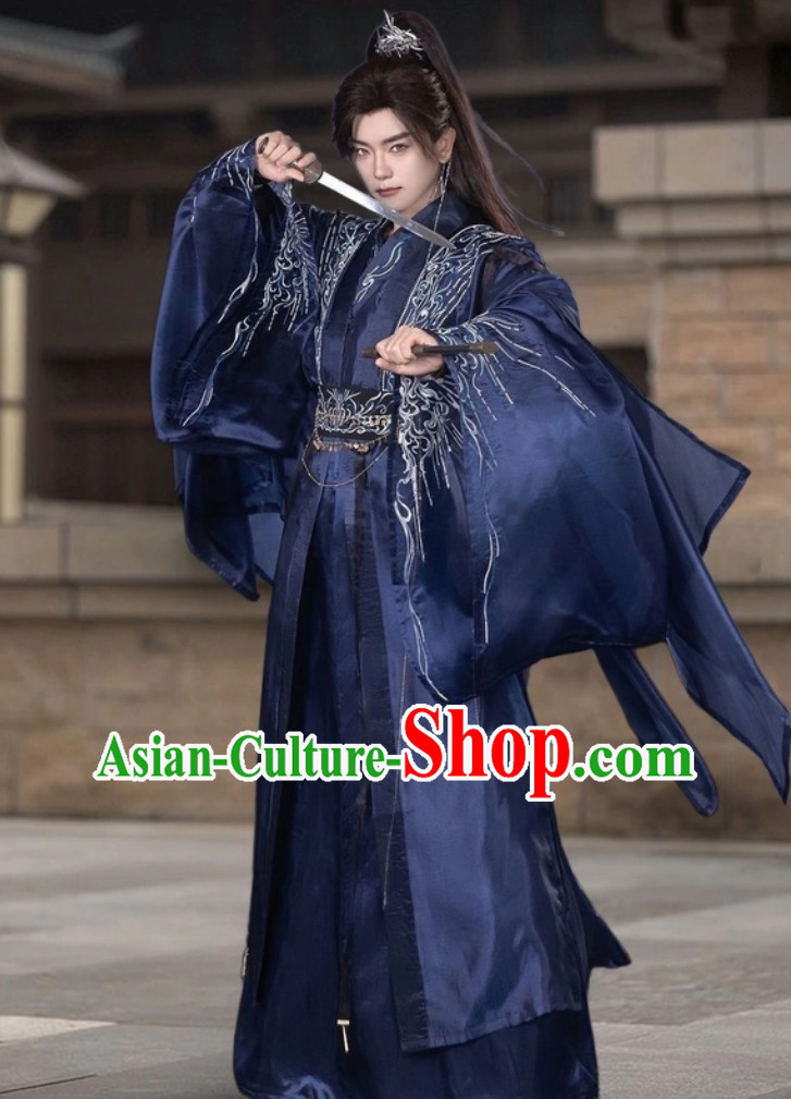 Wei Jin Style Hanfu Traditional Chinese Embroidered Blue Outfit Ancient Prince Costume Wei Jin Style Hanfu Traditional Chinese Embroidered Blue Outfit Ancient Prince Costume