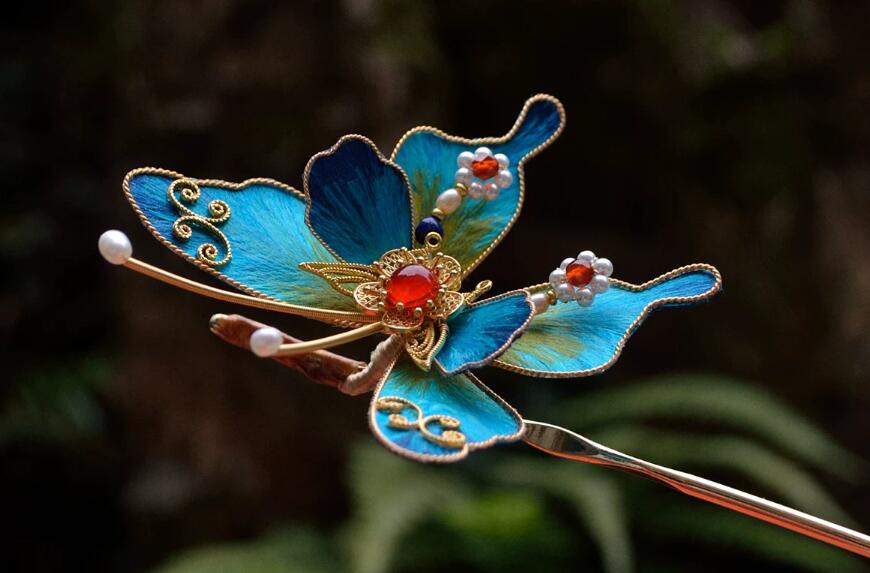 Handmade Chinese Hairpin Traditional Velvet Flower Headpiece Butterfly Hair Clip