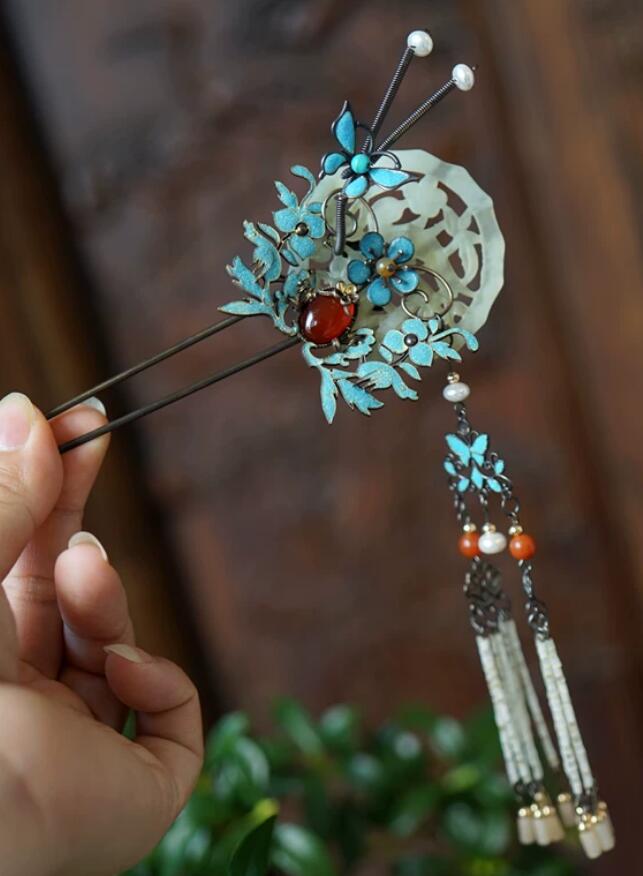 Chinese Magpie Butterfly Step Shake Ancient Style Jade Handmade Hairpin Qipao Qing Women Hair Clip